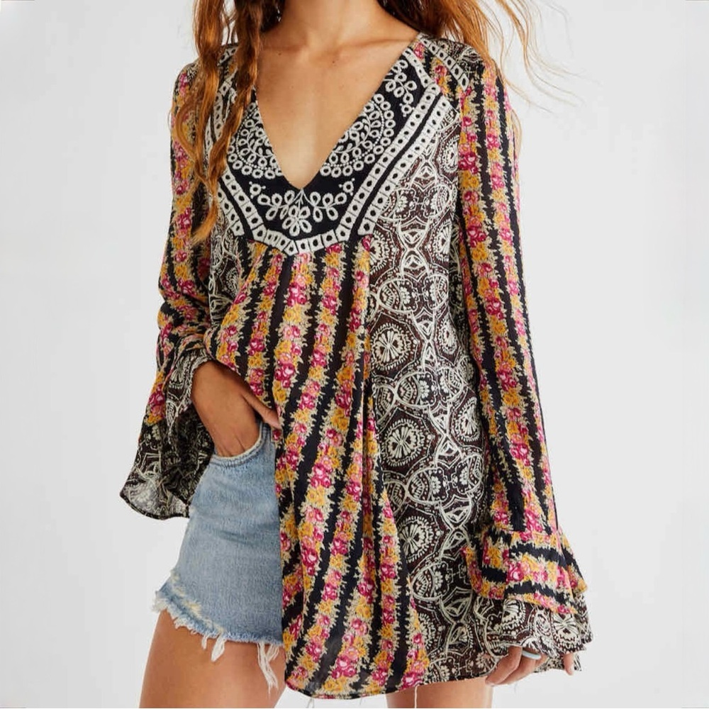 FREE PEOPLE Fallin Into You Long Sleeve Tunic Dress Black Combo size XS - Picture 14 of 14